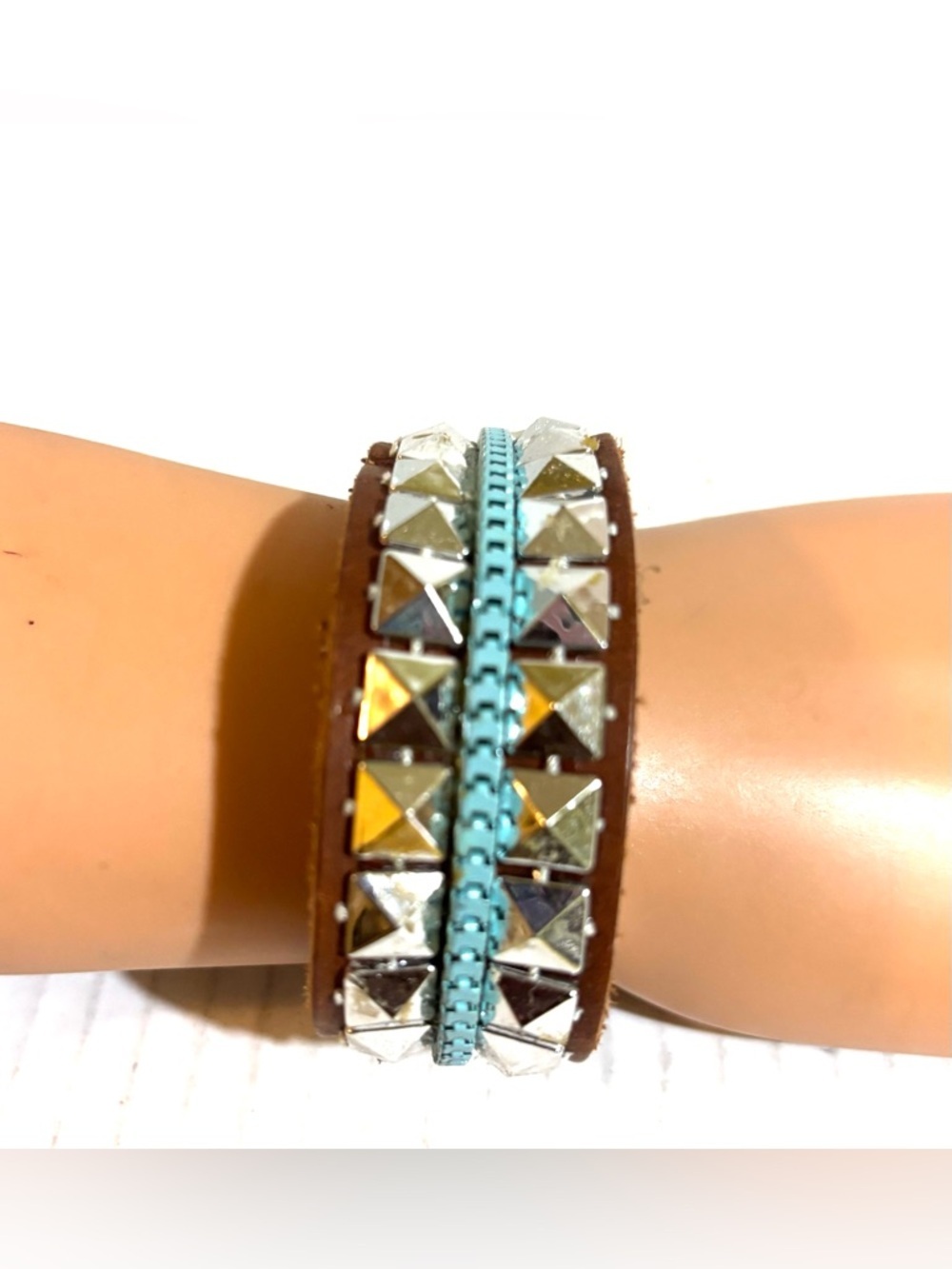 Studded Brown Leather Wrap Bracelet with Turquoise Accent